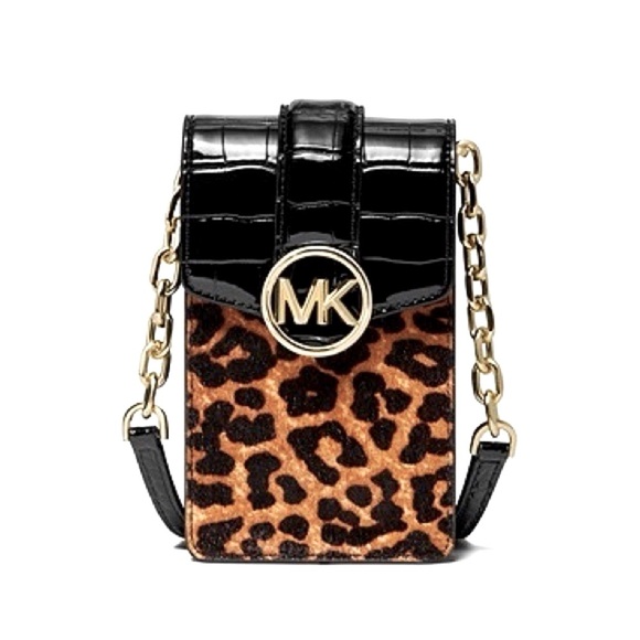 NWT Michael Kors Carmen Leopard Small NS Phone Crossbody Real Hair Calf - Picture 5 of 15